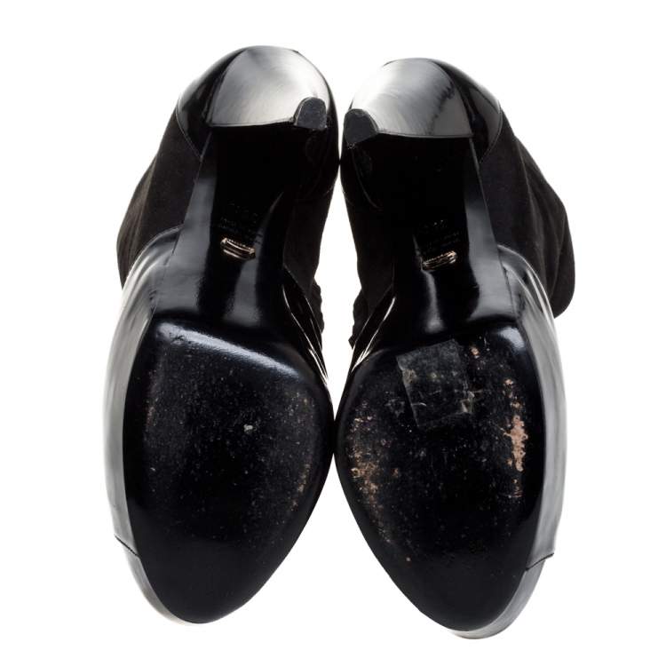 Pre Owned Sergio Rossi Black Suede And Patent Leather Peep Toe Platform Booties Size 39.5