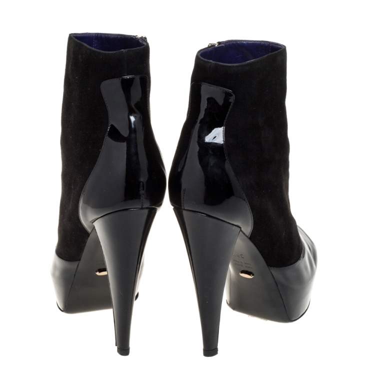 Pre Owned Sergio Rossi Black Suede And Patent Leather Peep Toe Platform Booties Size 39.5