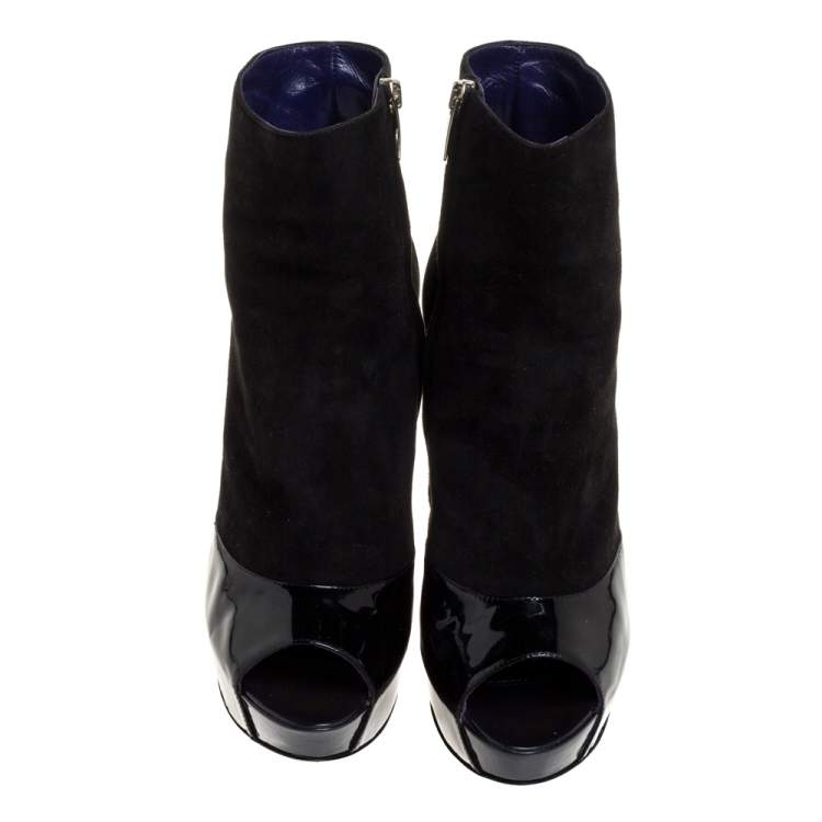 Pre Owned Sergio Rossi Black Suede And Patent Leather Peep Toe Platform Booties Size 39.5