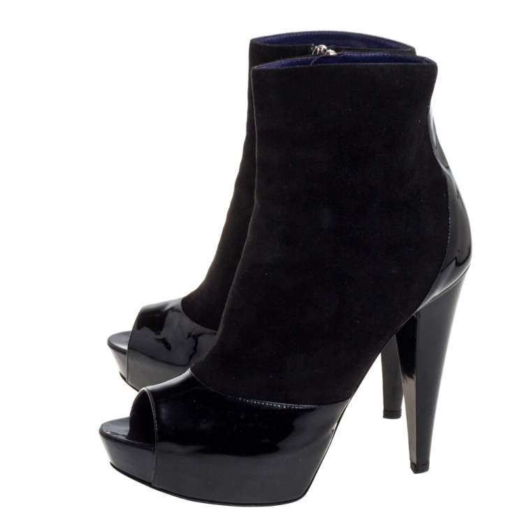 Pre Owned Sergio Rossi Black Suede And Patent Leather Peep Toe Platform Booties Size 39.5