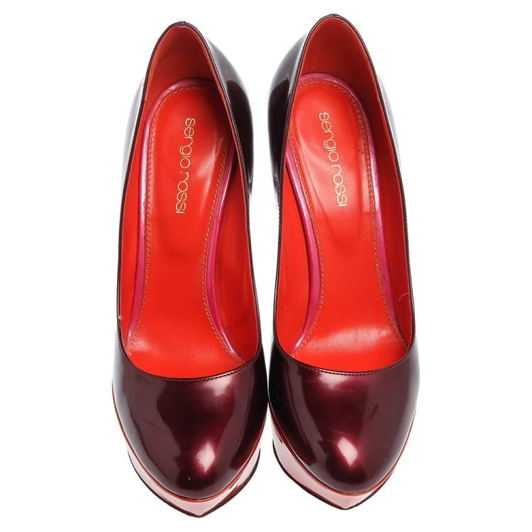 Pre Owned Sergio Rossi Burgundy/Orange Patent Leather Platform Pumps Size 36