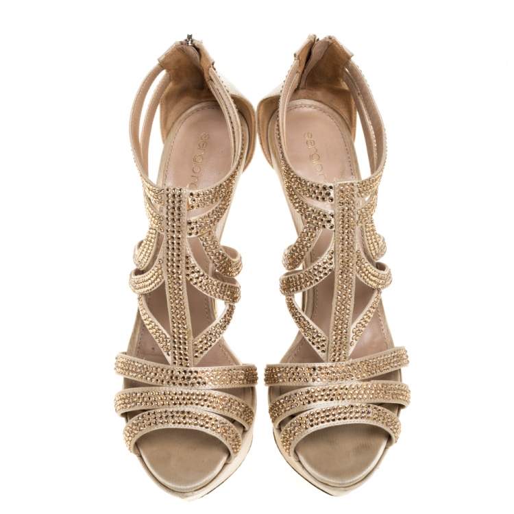 Pre Owned Sergio Rossi Beige Satin Crystal Embellished Strappy Platform Sandals Size 39
