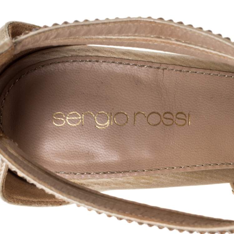 Pre Owned Sergio Rossi Beige Satin Crystal Embellished Strappy Platform Sandals Size 39