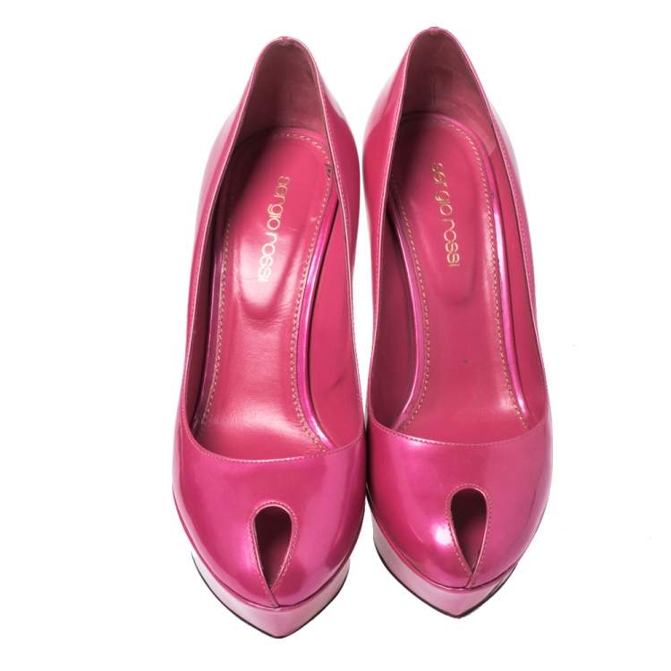 Pre Owned Sergio Rossi Pink Patent Leather Cachet Peep Toe Platform Pumps Size 37