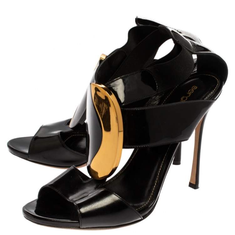 Pre Owned Sergio Rossi Black/Gold Patent Leather Peep Toe Sandals Size 37