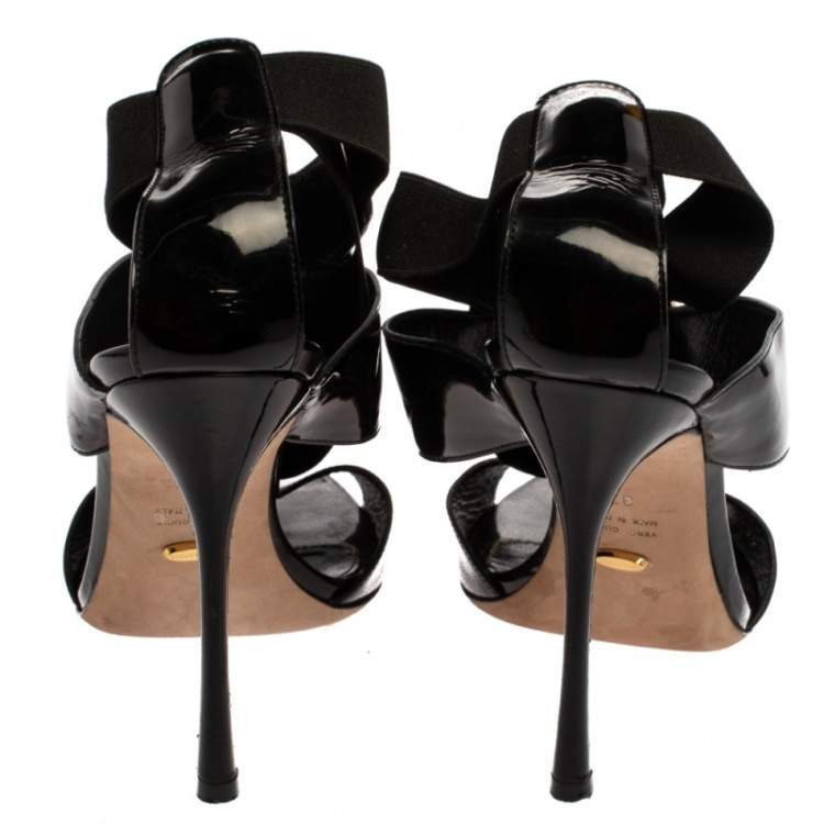 Pre Owned Sergio Rossi Black/Gold Patent Leather Peep Toe Sandals Size 37