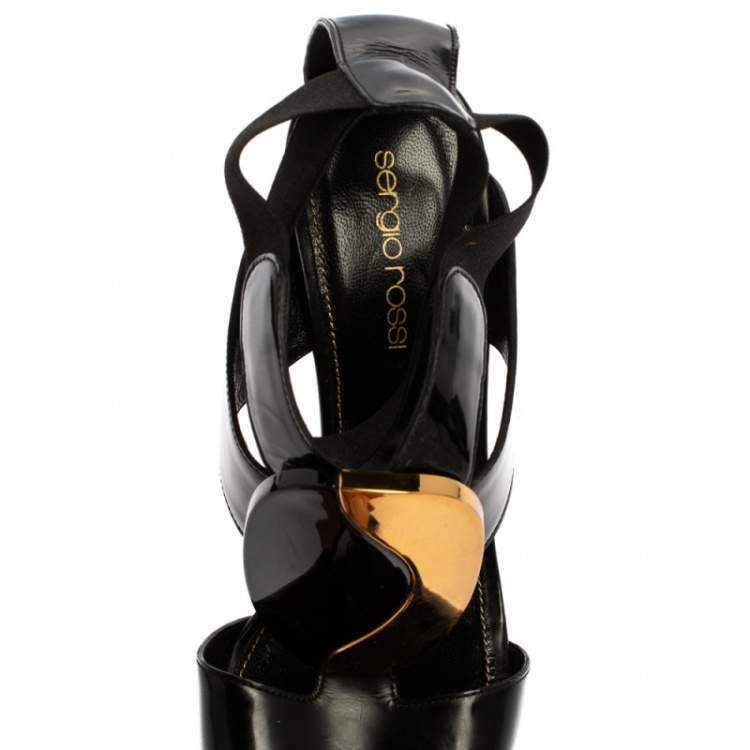 Pre Owned Sergio Rossi Black/Gold Patent Leather Peep Toe Sandals Size 37