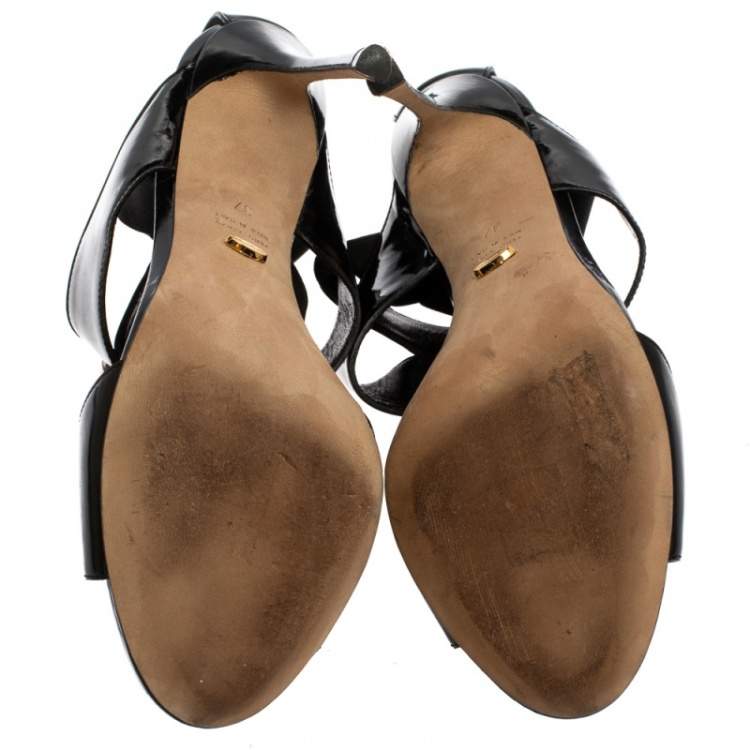 Pre Owned Sergio Rossi Black/Gold Patent Leather Peep Toe Sandals Size 37