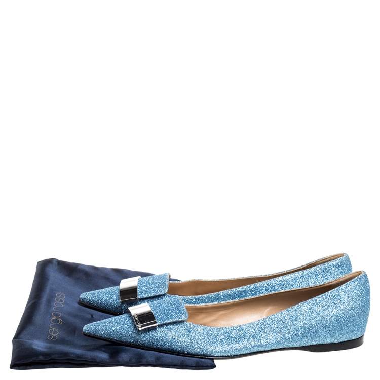 Pre Owned Sergio Rossi Light Blue Glitter Metal Detail Ballet Flats Size 39.5