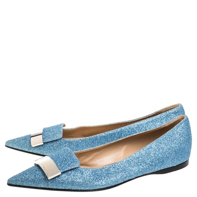 Pre Owned Sergio Rossi Light Blue Glitter Metal Detail Ballet Flats Size 39.5