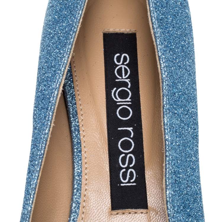 Pre Owned Sergio Rossi Light Blue Glitter Metal Detail Ballet Flats Size 39.5