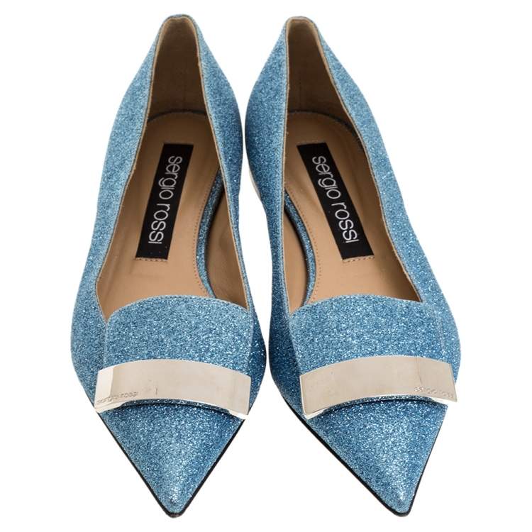 Pre Owned Sergio Rossi Light Blue Glitter Metal Detail Ballet Flats Size 39.5
