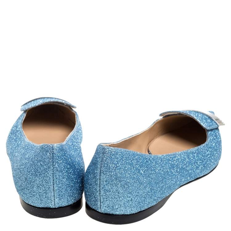 Pre Owned Sergio Rossi Light Blue Glitter Metal Detail Ballet Flats Size 39.5