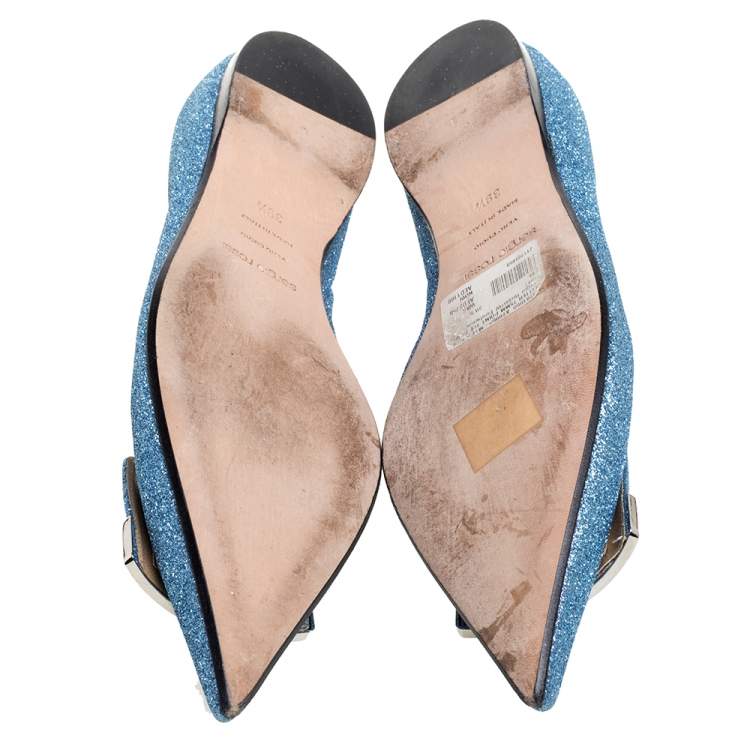 Pre Owned Sergio Rossi Light Blue Glitter Metal Detail Ballet Flats Size 39.5