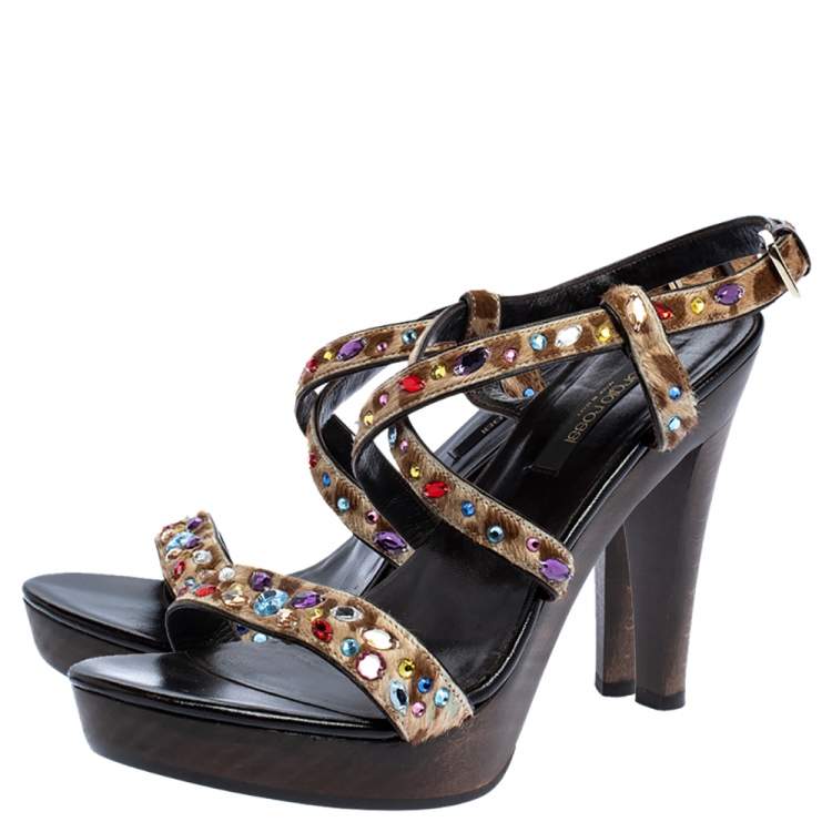 Pre Owned Sergio Rossi Brown Calf Hair Jewel Embellished Ankle strap Clog Sandals Size 38