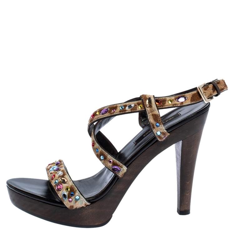 Pre Owned Sergio Rossi Brown Calf Hair Jewel Embellished Ankle strap Clog Sandals Size 38