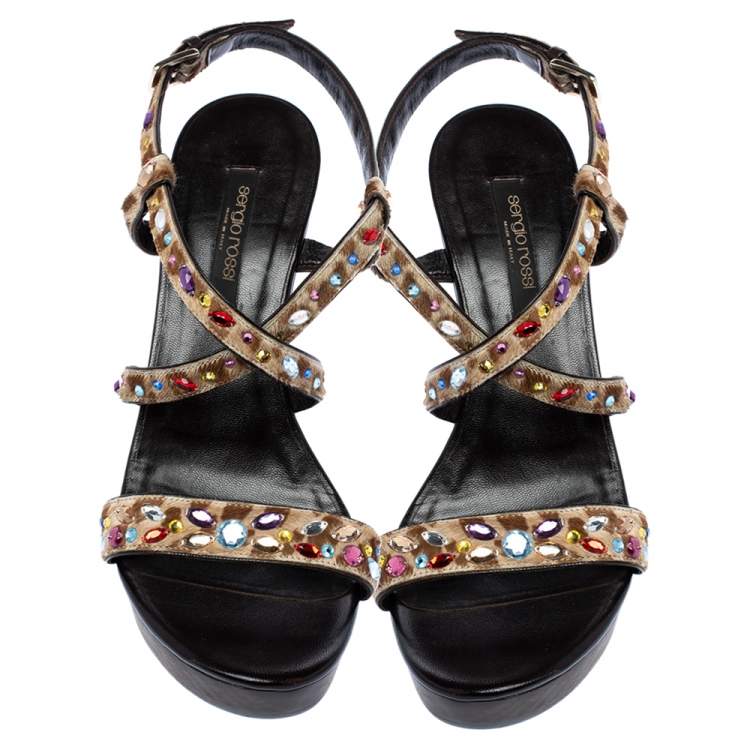 Pre Owned Sergio Rossi Brown Calf Hair Jewel Embellished Ankle strap Clog Sandals Size 38
