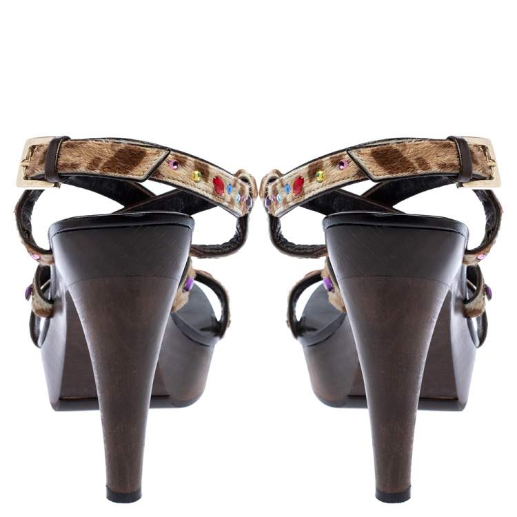 Pre Owned Sergio Rossi Brown Calf Hair Jewel Embellished Ankle strap Clog Sandals Size 38