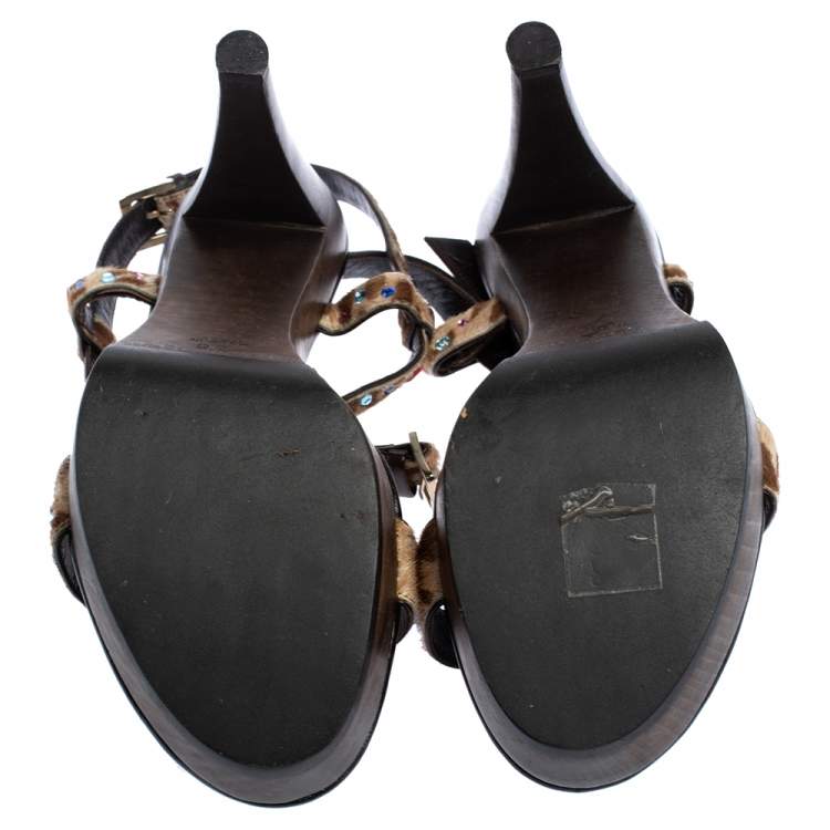 Pre Owned Sergio Rossi Brown Calf Hair Jewel Embellished Ankle strap Clog Sandals Size 38