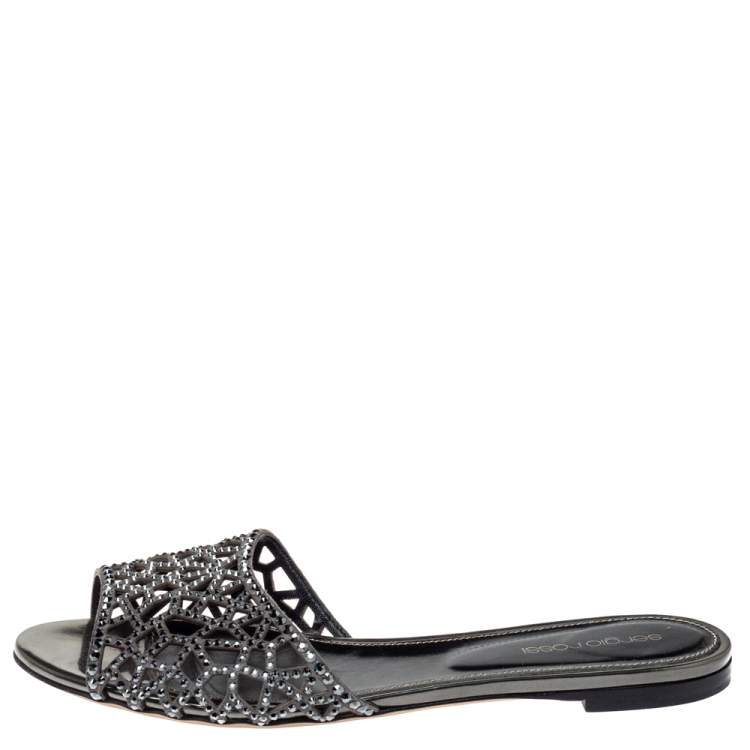 Pre Owned Sergio Rossi Grey Laser Cut Crystal Embellished Leather Slide Flat Sandals Size 38.5