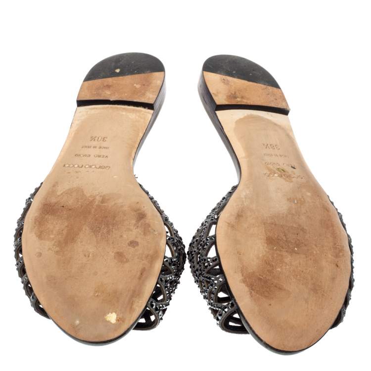 Pre Owned Sergio Rossi Grey Laser Cut Crystal Embellished Leather Slide Flat Sandals Size 38.5