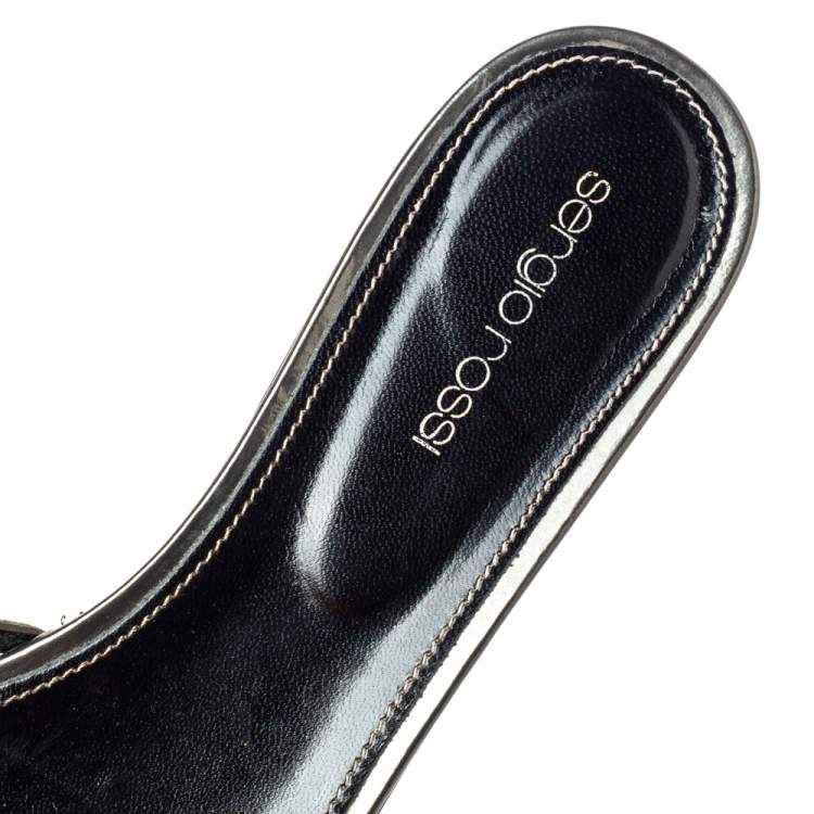 Pre Owned Sergio Rossi Grey Laser Cut Crystal Embellished Leather Slide Flat Sandals Size 38.5