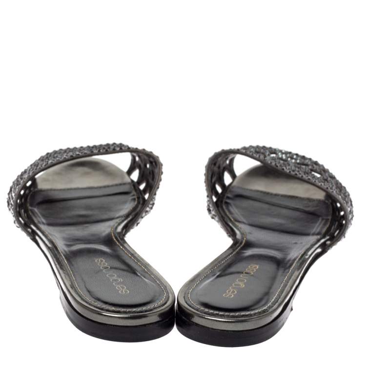 Pre Owned Sergio Rossi Grey Laser Cut Crystal Embellished Leather Slide Flat Sandals Size 38.5