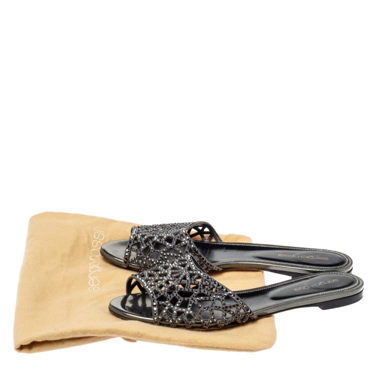 Pre Owned Sergio Rossi Grey Laser Cut Crystal Embellished Leather Slide Flat Sandals Size 38.5