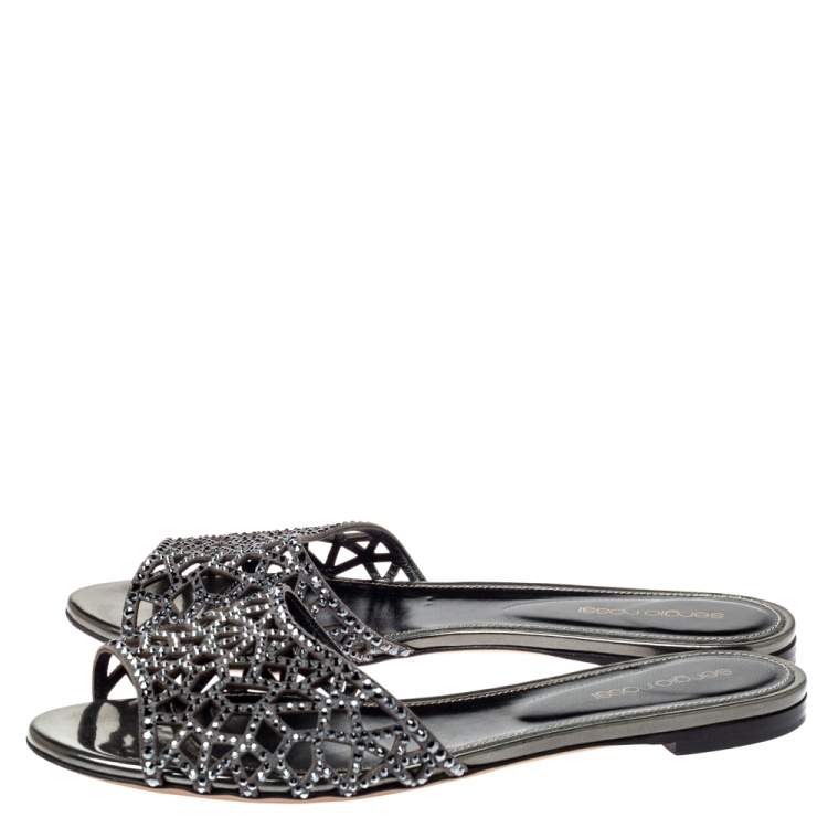 Pre Owned Sergio Rossi Grey Laser Cut Crystal Embellished Leather Slide Flat Sandals Size 38.5