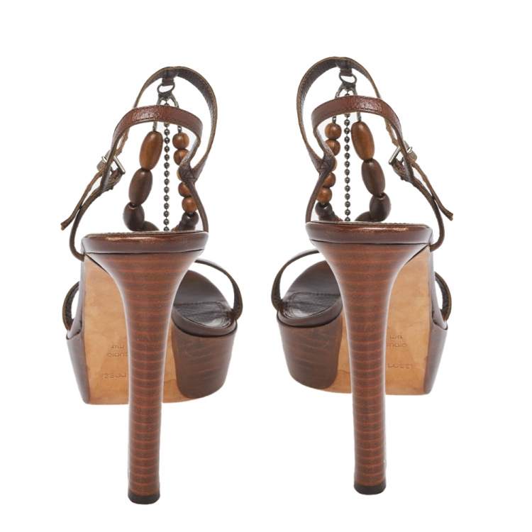 Pre Owned Sergio Rossi Brown Leather Bead Embellished Wooden T Strap Platform Sandals Size 37