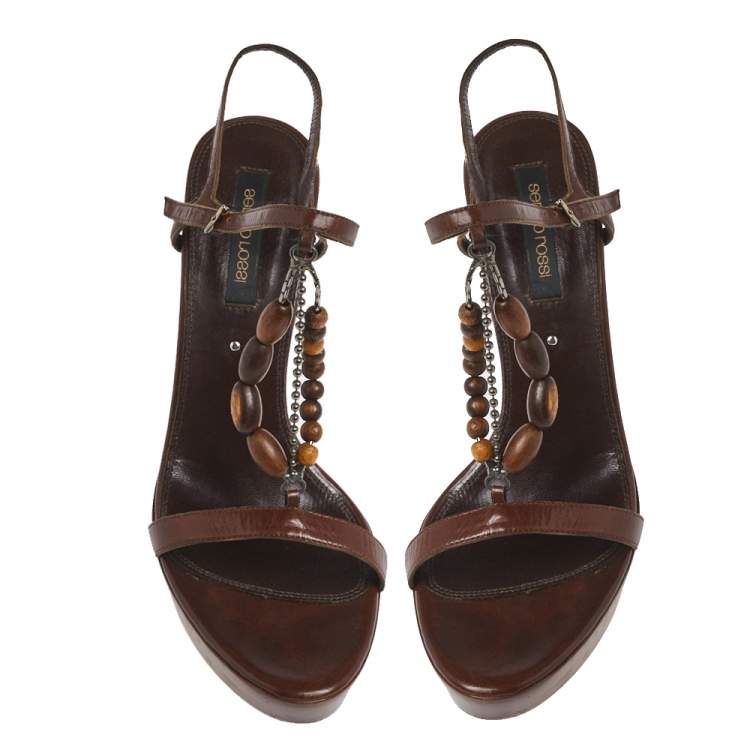 Pre Owned Sergio Rossi Brown Leather Bead Embellished Wooden T Strap Platform Sandals Size 37