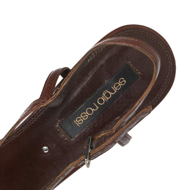 Pre Owned Sergio Rossi Brown Leather Bead Embellished Wooden T Strap Platform Sandals Size 37