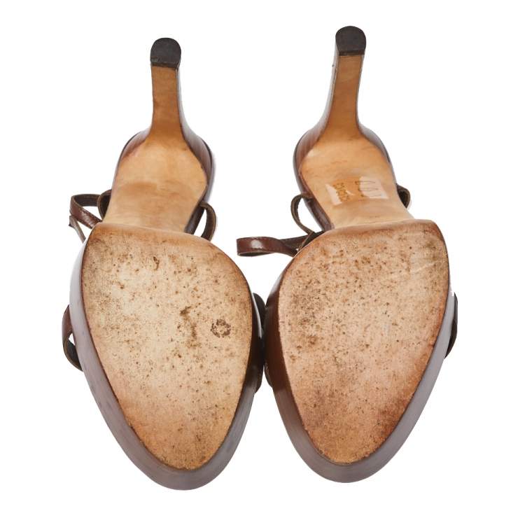Pre Owned Sergio Rossi Brown Leather Bead Embellished Wooden T Strap Platform Sandals Size 37