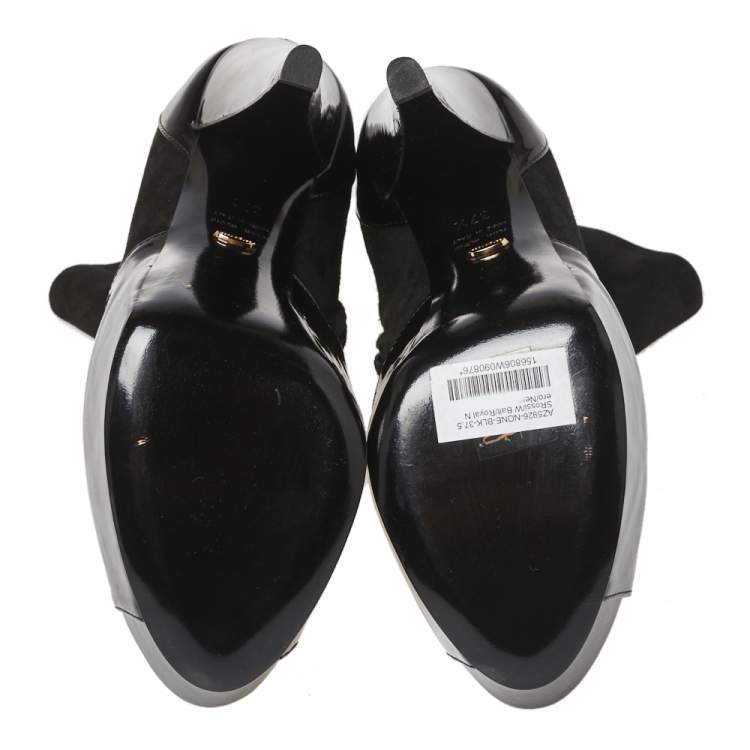 Pre Owned Sergio Rossi Black Patent And Suede Leather Baltimora Peep Toe Platform Ankle Boots Size 37.5