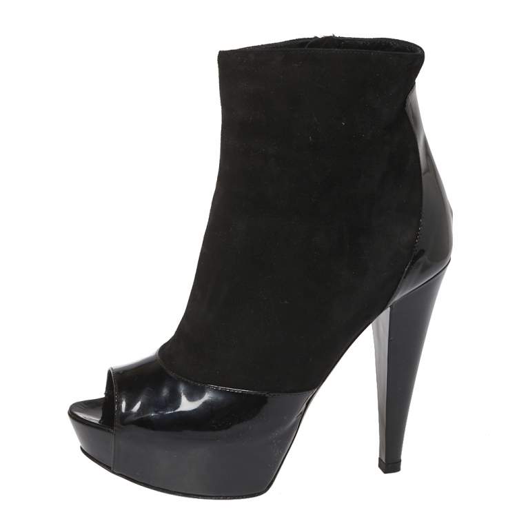 Pre Owned Sergio Rossi Black Patent And Suede Leather Baltimora Peep Toe Platform Ankle Boots Size 37.5