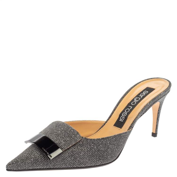 Pre Owned Sergio Rossi Silver/Black Glitter Fabric Pointed Toe Mules Size 40