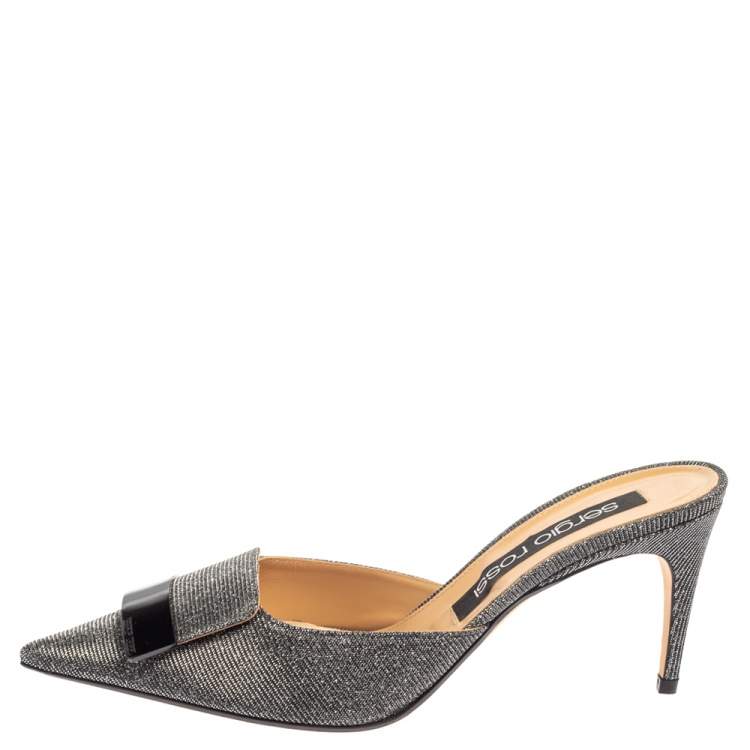 Pre Owned Sergio Rossi Silver/Black Glitter Fabric Pointed Toe Mules Size 40