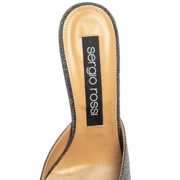 Pre Owned Sergio Rossi Silver/Black Glitter Fabric Pointed Toe Mules Size 40
