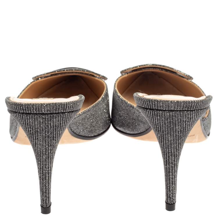 Pre Owned Sergio Rossi Silver/Black Glitter Fabric Pointed Toe Mules Size 40