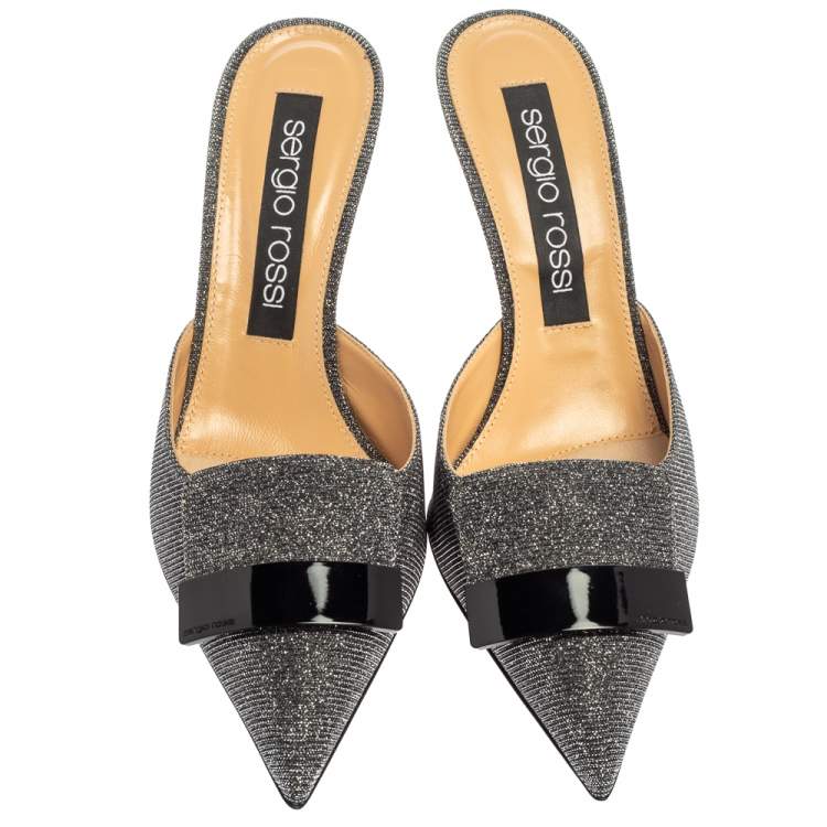Pre Owned Sergio Rossi Silver/Black Glitter Fabric Pointed Toe Mules Size 40