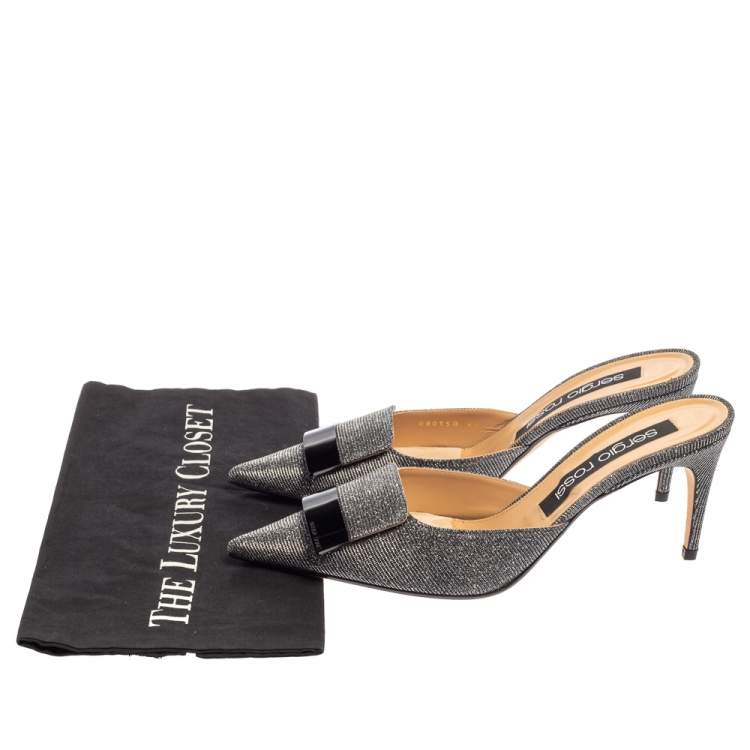 Pre Owned Sergio Rossi Silver/Black Glitter Fabric Pointed Toe Mules Size 40