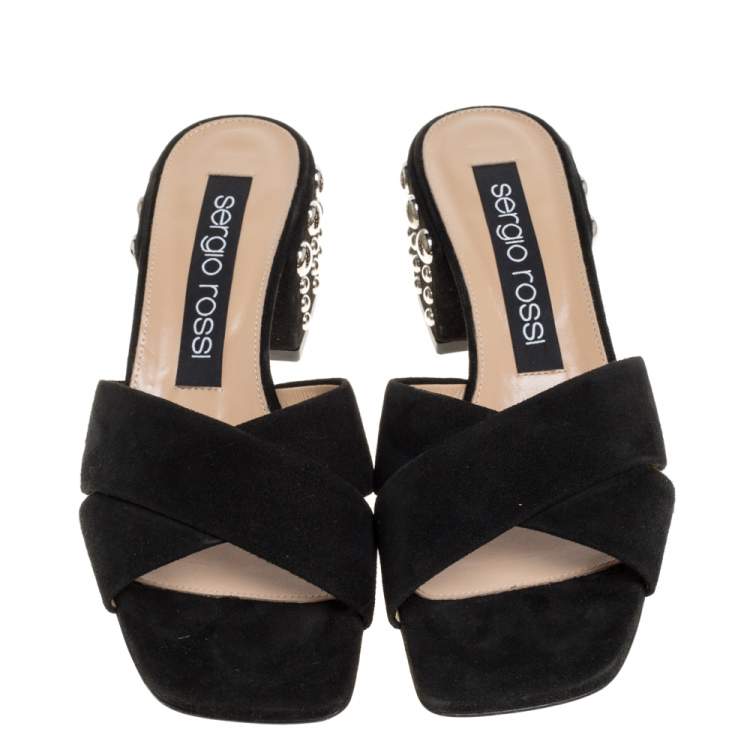 Pre Owned Sergio Rossi Black Suede Studded Criss Cross Sandals Size 38