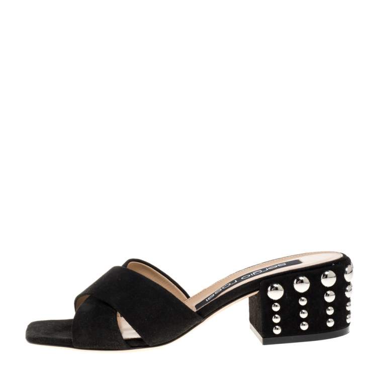 Pre Owned Sergio Rossi Black Suede Studded Criss Cross Sandals Size 38