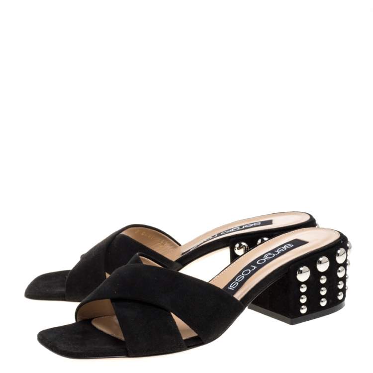 Pre Owned Sergio Rossi Black Suede Studded Criss Cross Sandals Size 38