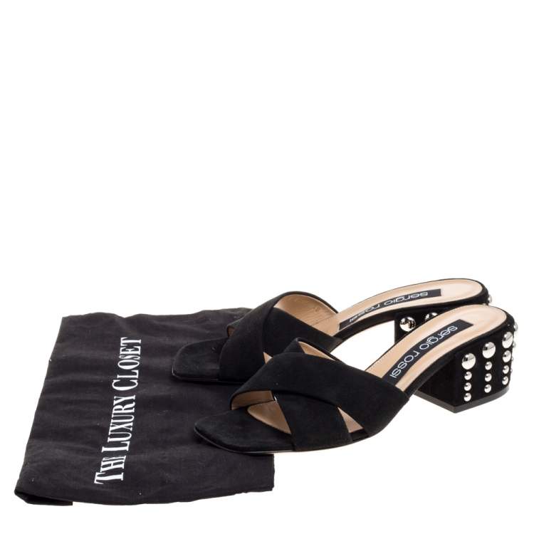 Pre Owned Sergio Rossi Black Suede Studded Criss Cross Sandals Size 38