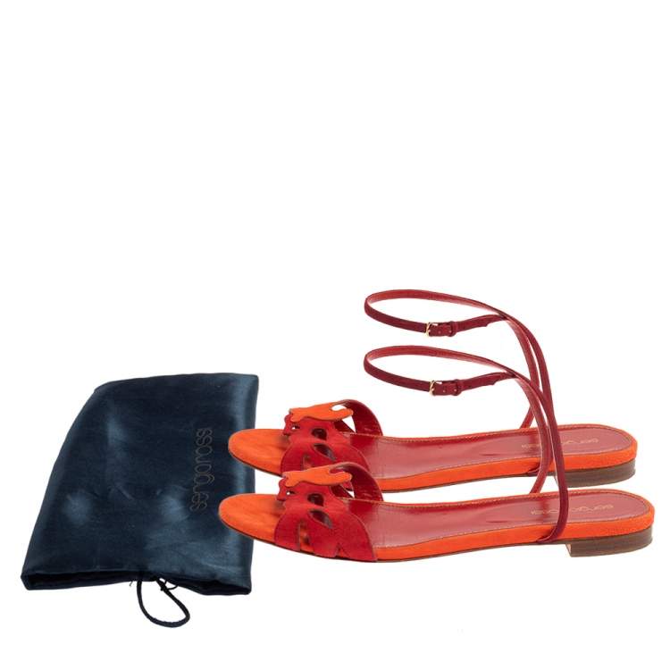Pre Owned Sergio Rossi Orange/Red Suede Leather Ankle Wrap Flats Size 40