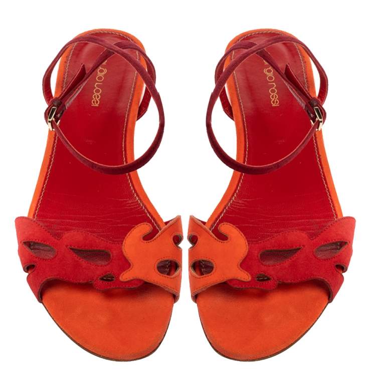 Pre Owned Sergio Rossi Orange/Red Suede Leather Ankle Wrap Flats Size 40