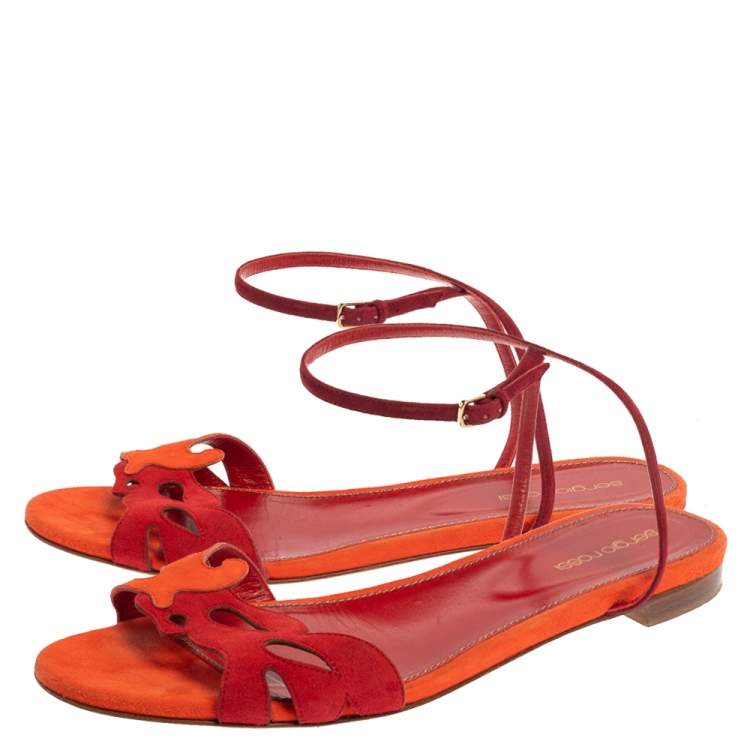 Pre Owned Sergio Rossi Orange/Red Suede Leather Ankle Wrap Flats Size 40
