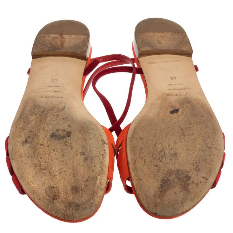 Pre Owned Sergio Rossi Orange/Red Suede Leather Ankle Wrap Flats Size 40