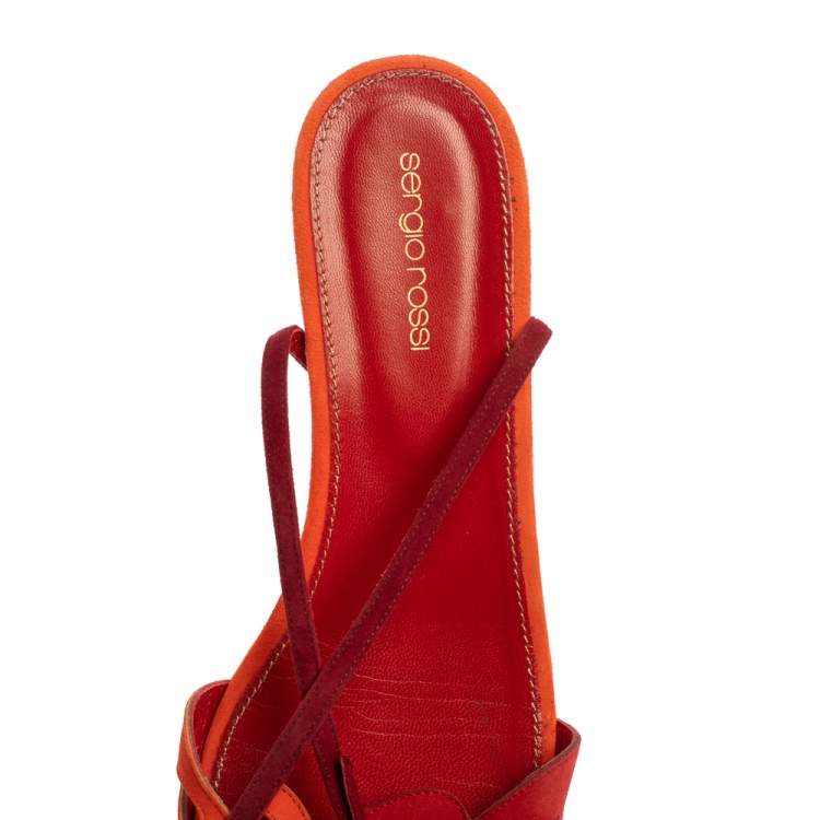 Pre Owned Sergio Rossi Orange/Red Suede Leather Ankle Wrap Flats Size 40